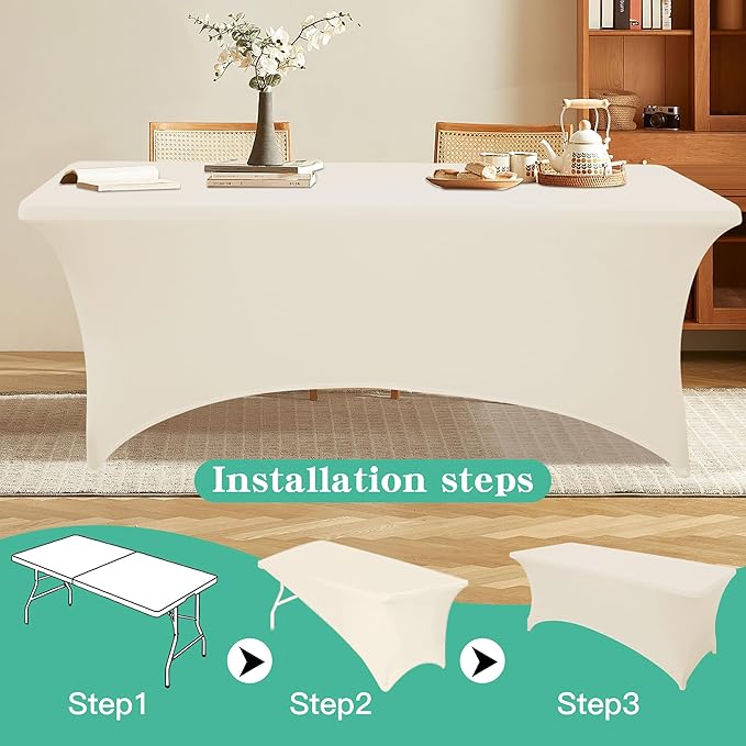 2Pack 8FT Table Cloth for Rectangular Fitted Events Stretch Cream Table Covers Washable Spandex Tablecloth Protector for Party, Wedding, Cocktail, Banquet, Festival