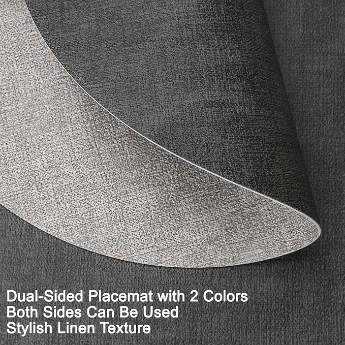 Myir JUN Reversible Vinyl Round Placemats Set of 6, Faux Leather Place Mats Dual Sided Waterproof Oilproof Wipeable, Heat-Resistant Table Mats for Kitchen Dining Indoor Outdoor (14", Light Gray Gray)