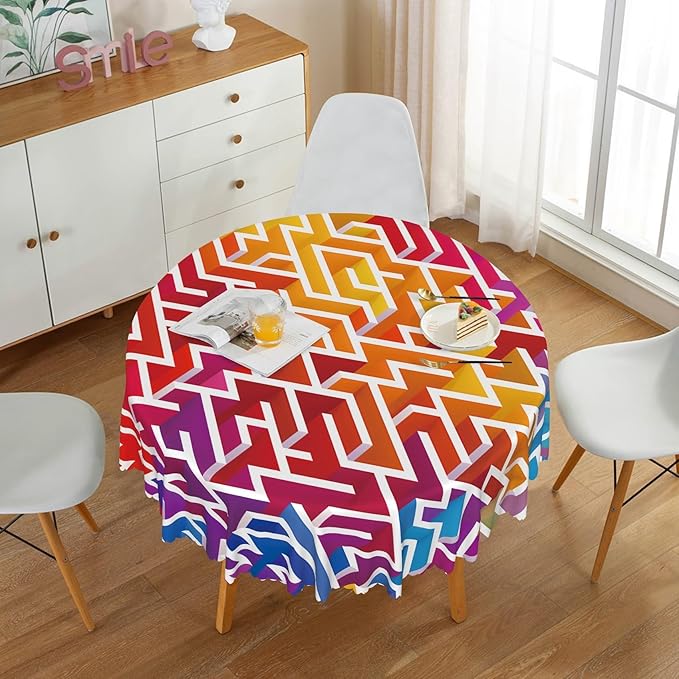 Laeacco 70 Inch Maze Round Tablecloth Colorful Labyrinth Texture Modern Geometric Abstract Art Print Table Cloth Washable Waterproof Wrinkle Free Table Cover for Kitchen Dining Picnic Party Decor