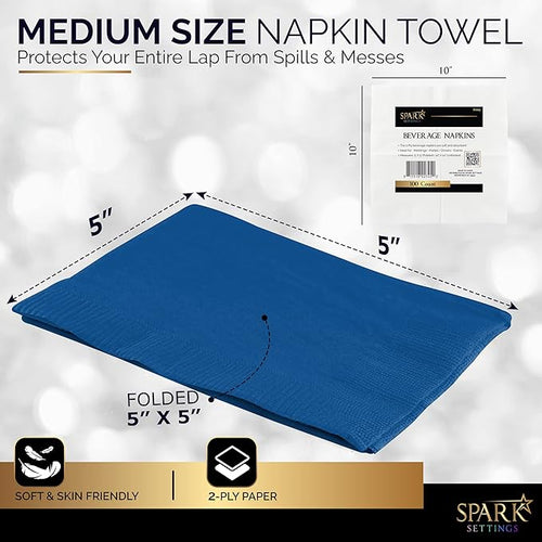 100 Pack Royal Blue Beverage Napkins, Big Party Pack, 2 Ply, Ideal for Wedding, Party, Birthday, Dinner, Lunch, Cocktails. (5” x 5”) by Amcrate