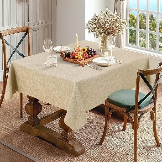 JIUZHEN Square Table Cloth Faux Linen Farmhouse Tablecloth Wrinkle and Stain Resistant Decorative Fabric Table Cover for Kitchen, Dining Room, Parties and Camping, Beige, 70 x 70 Inch