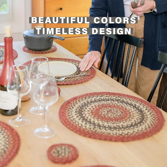 Homespice Chester Jute Woven Round Placemats Set of 6, 15", Warm Lodge and Cabin Decor, Red Table Mats - Vibrant Colors, Durable, Easy to Clean and Protects Furniture