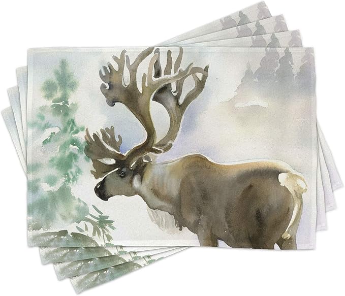 Ambesonne Antlers Place Mats Set of 4, Moose in Winter Forest Wildlife Reindeer Christmas Theme Watercolor Painting Style, Washable Fabric Placemats for Dining Table, Standard Size, Warm Taupe Green