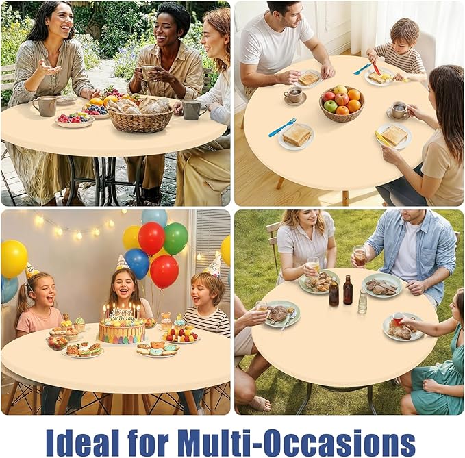 Round Spandex Tablecloth, Elastic Fitted Waterproof Tablecloths for 36"-44" Tables, Stretch Washable Picnic Table Cover for Camping, Dining, Indoor and Outdoor,Ivory