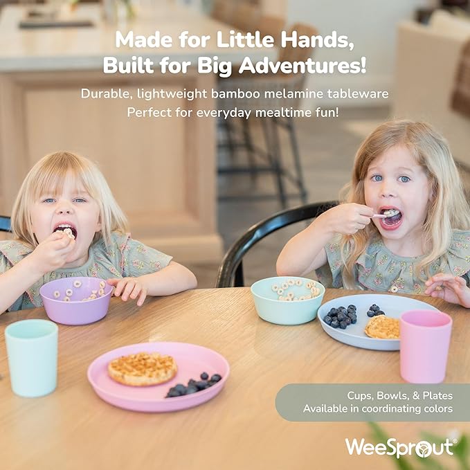 WeeSprout Bamboo Kids Bowls, Set of Four 15 oz Kid-Sized Dinnerware, Cereal, Leftovers & Snack Bowl, Dishwasher Safe (Blue, Green, Gray, & Beige)