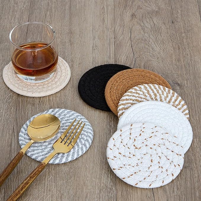 8 Pcs Drink Coasters with Holder, Handwoven Cotton Coasters Set Stackable Absorbent Minimalist Home Decor for Table, Cup, Mug (Kaki and White)