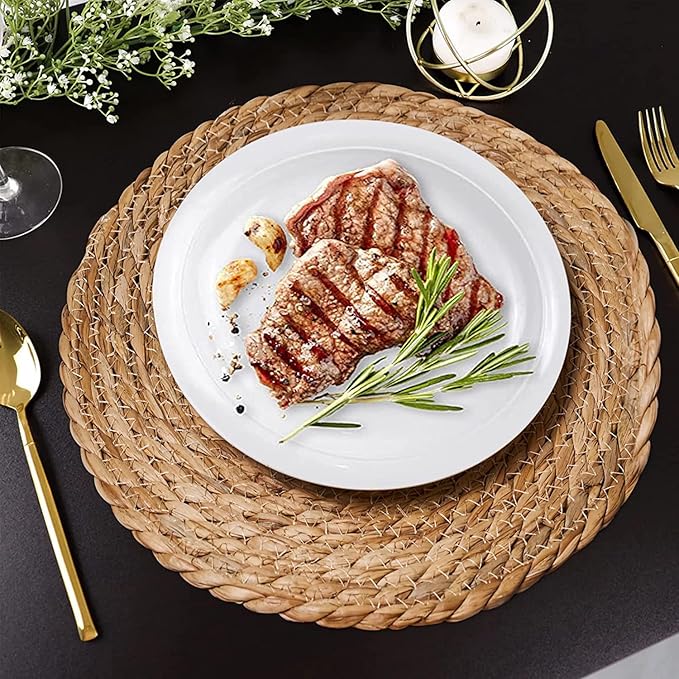 Defined Deco Woven Placemats Set of 4,12" Round Rattan Placemats,Natural Hand-Woven Water Hyacinth Placemats,Farmhouse Weave Place Mats,Rustic Braided Wicker Table Mats for Dining Table,Home,Wedding.