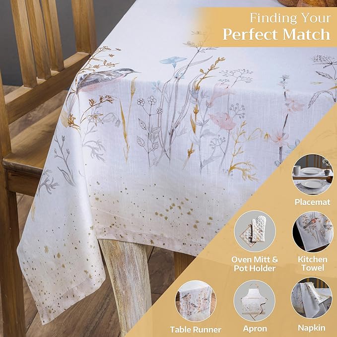 Maison d' Hermine Table Cloth Rectangle Table 100% Cotton 60 x 108 Inches Tablecloth Reusable Decorative for Dining Room Farmhouse Home Valentines Day Decorations Spring Summer- Meadow Florals - Beige