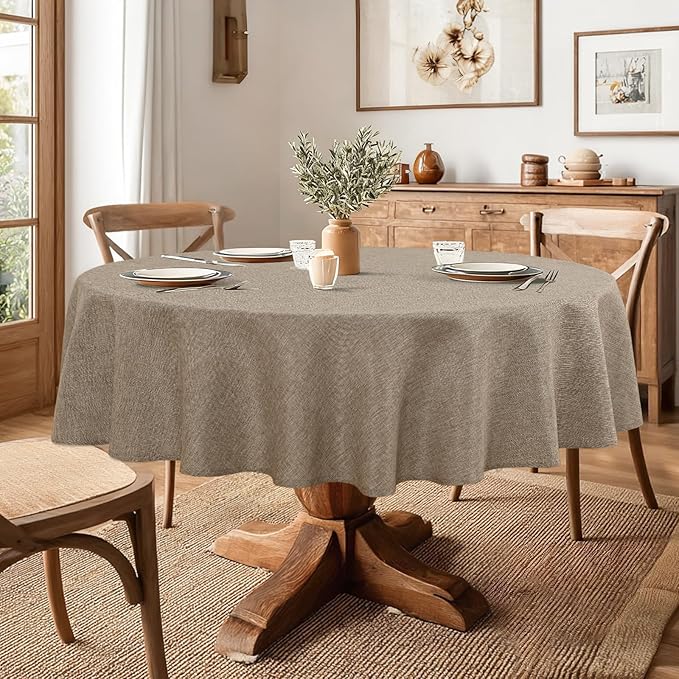 JIUZHEN Round Table Cloth Faux Linen Farmhouse Tablecloth Wrinkle and Stain Resistant Decorative Fabric Table Cover for Kitchen, Dining Room, Parties and Camping, Khaki, 70 Inch Round