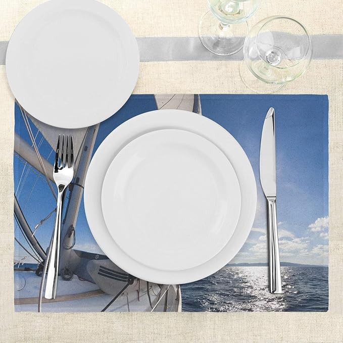 Ambesonne Sailboat Place Mats Set of 4, Sailing Boat in The Sea Maritime Speedy Beaming Sun Reflections Lifestyle Theme, Washable Fabric Placemats for Dining Room Kitchen Table Decor, Blue and White