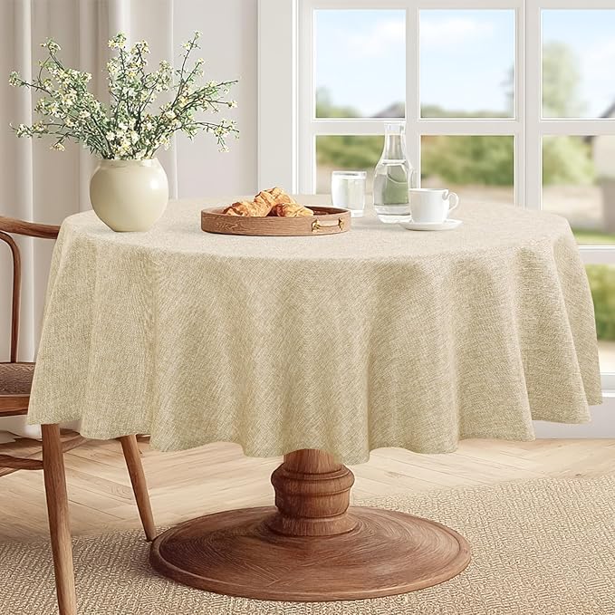 JIUZHEN Round Table Cloth Faux Linen Farmhouse Tablecloth Wrinkle and Stain Resistant Decorative Fabric Table Cover for Kitchen, Dining Room, Parties and Camping, Beige, 70 Inch Round