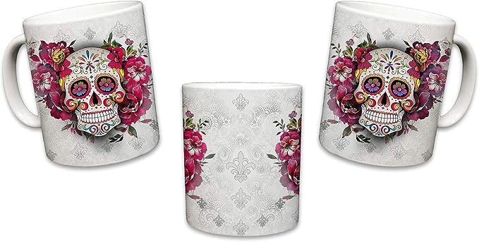 Sweet Gisele Sugar Skull Ceramic Mug, Floral Print Coffee Cup, Day of the Dead Design, Beautiful Vivid Colors, Great Novelty Gifts 11 Fl Oz White