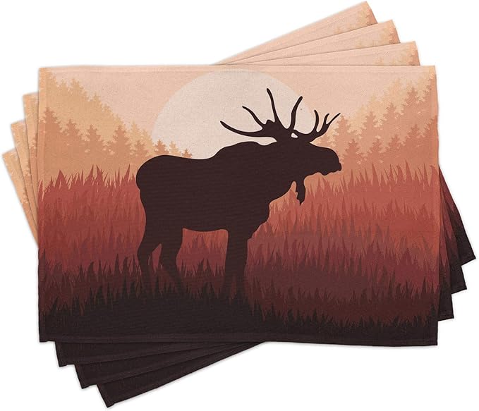Ambesonne Moose Place Mats Set of 4, Antlers in Wild Alaska Forest Rusty Abstract Landscape Design Deer Theme Woods, Washable Fabric Placemats for Dining Table, Standard Size, Peach Brown
