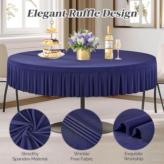 2 Pack Navy Blue Spandex Round Tablecloths for 60 Inch Tables, Stretchy Fitted 5FT Cloths, Wrinkle-Free Cover With Skirt for Wedding, Party, Dining, Banquet