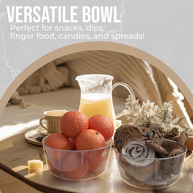 Trendables 24 oz Plastic Bowls Set - Fancy Serving Bowls - Perfect for Ice Cream, Salad, Candy - Disposable (10, Clear Silver Rimmed)