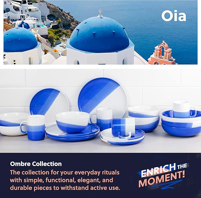 Ombre Porcelain Pasta Bowls, Ceramic Serving Bowls, Low Salad Bowls Set of 4-40 oz - Oia Blue - Ombre Dinnerware Collection