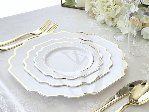 " OCCASIONS " 80 Plates Pack,(40 Guests) Heavyweight Wedding Party Disposable Plastic Plates Set -40 x 10.5'' Dinner + 40 x 8'' Salad/Dessert Plate (Imperial White & Gold)