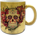 Sweet Gisele Sugar Skull Ceramic Mug, Floral Print Coffee Cup, Day of the Dead Design, Beautiful Vivid Colors, Great Novelty Mugs 11 Fl Oz Gold