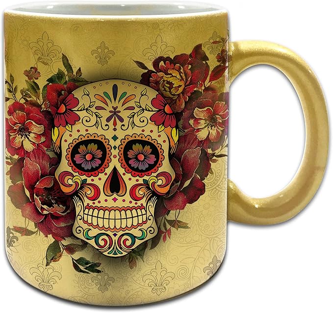 Sweet Gisele Sugar Skull Ceramic Mug, Floral Print Coffee Cup, Day of the Dead Design, Beautiful Vivid Colors, Great Novelty Mugs 11 Fl Oz Gold