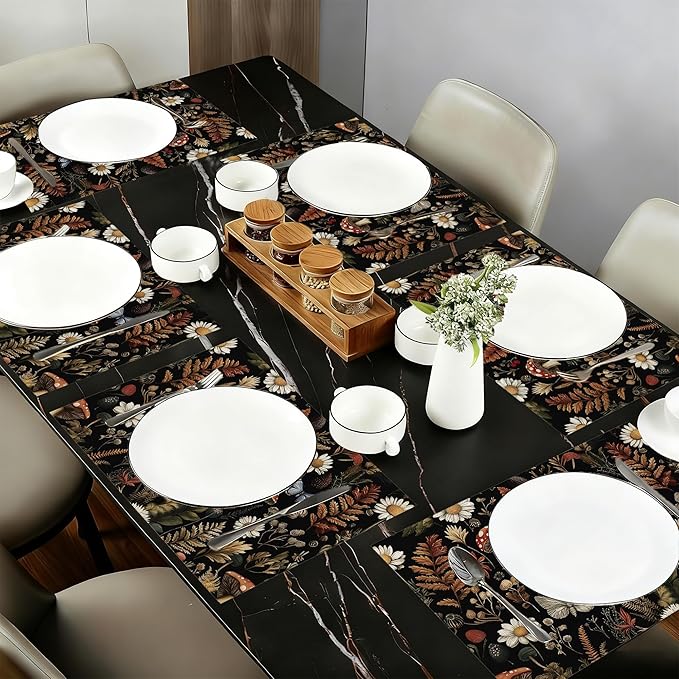 Cloth Placemats,Forest Mushroom Fabric Placemats Set of 6,Washable Rustic Herb Leaf Wildflower Table Mats,Decorative Place Mats for Dining Home Kitchen Holiday Party 11.8x17.7 Inch