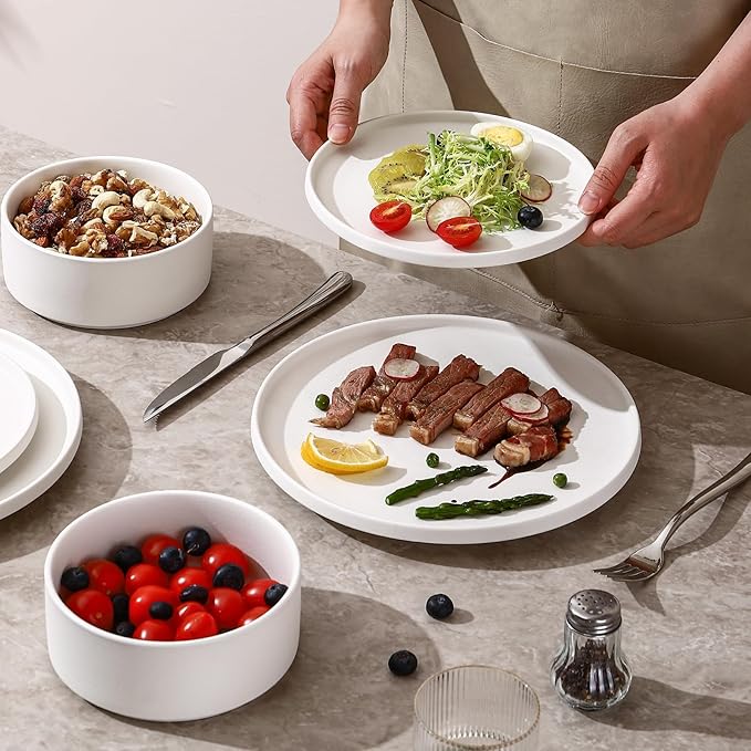 GZG Ceramic Dinner Plates Set of 4,10 Inch Stoneware plate Set,Microwave and Dishwasher Safe Kitchen Utensils,Stackable,Scratch Resistant (Ivory White)