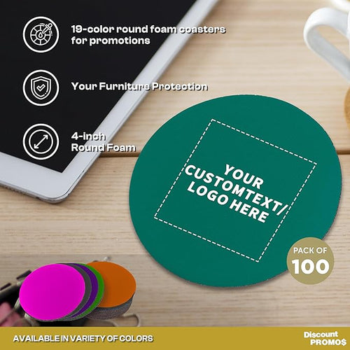 100 Round Foam Bud Coasters Pack, 4 inch - Customizable Text, Logo - PU Foam, Party Favor - Turquoise