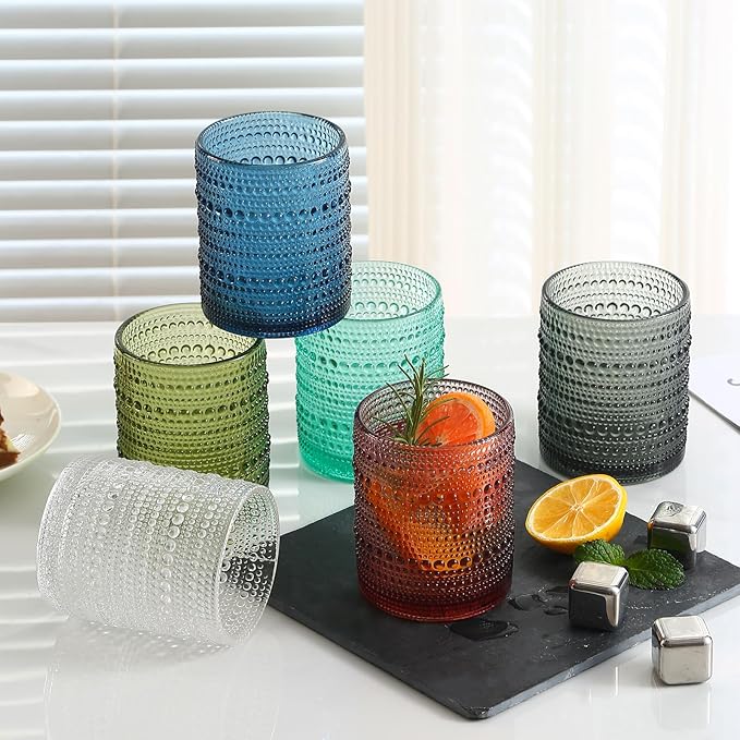 Colored Hobnail Drinking Glasses Set of 6,12oz Vintage Kitchen Glassware,Embossed Beaded Glass Cups,Water Tumbler for Cocktail,Juice and Various Mixed Drinks