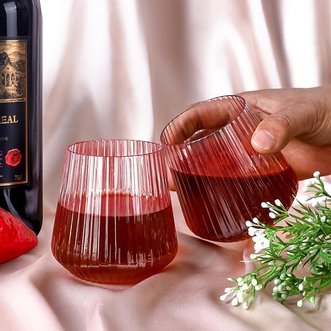 40 Pack Plastic Ribbed Wine Glasses, 14Oz Origami Disposable Wine Glasses Unbreakable Clear Plastic Cocktail Glasses Recyclable Shatterproof Reusable Wine Cups (14oz-pink-40pack)