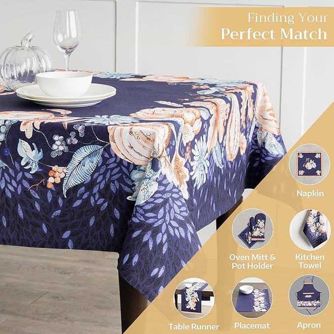 Maison d' Hermine Table Cloth Rectangle Table 100% Cotton 60 x 120 Inches Fall Tablecloth Reusable Everyday Use for Thanksgiving Christmas Decorations Dining Farmhouse Party (Pumpkin Blues)