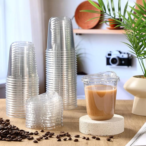 100 Sets Clear Plastic Cups with Strawless Sip Lids, Thickened Clear Disposable Plastic PET Crystal Cups for Iced Coffee, Smoothie, Cold Beverage, Drink Shops and Party Catering (14 oz)
