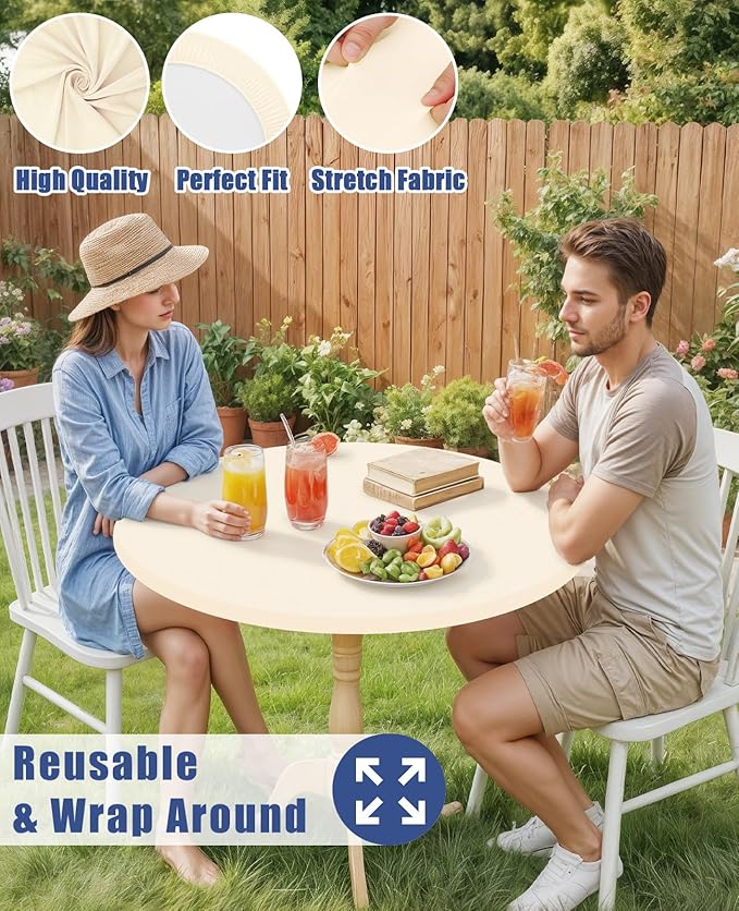 Round Spandex Tablecloth, Elastic Fitted Waterproof Tablecloths for 36"-44" Tables, Stretch Washable Picnic Table Cover for Camping, Dining, Indoor and Outdoor, Beige