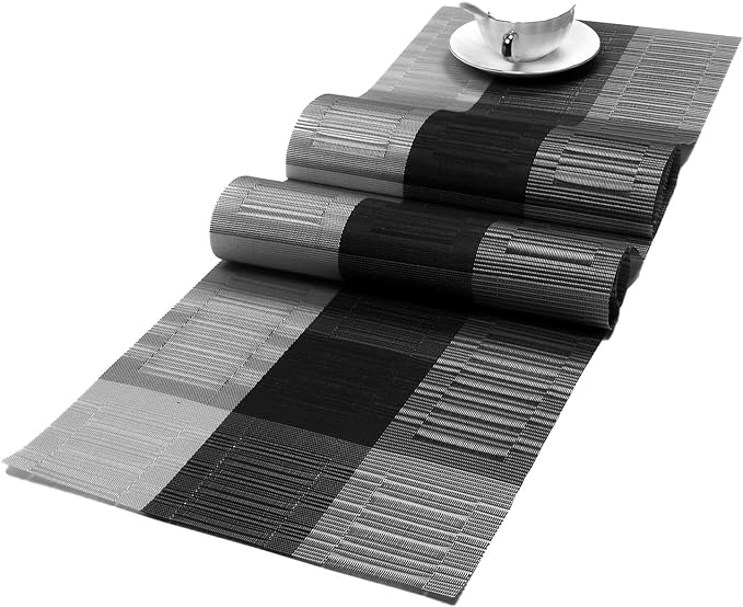 SHACOS Placemats with Table Runner Set of 7 Woven Vinyl Table Mats and Runner for Dining Table Heat Resistant, Ombre Black Gray