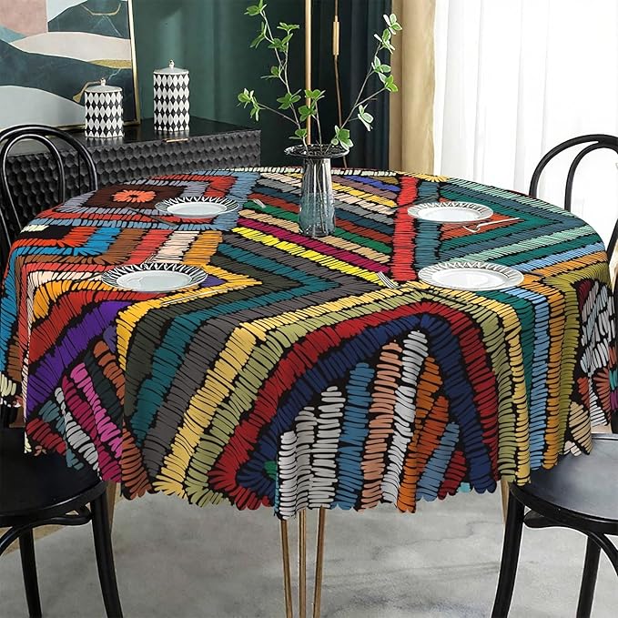 Laeacco 70 Inch Colorful Patchwork Round Tablecloth Woven Geometric Pattern Abstract Art Print Table Cloth Washable Waterproof Wrinkle Free Table Cover for Kitchen Dining Picnic Party Decoration