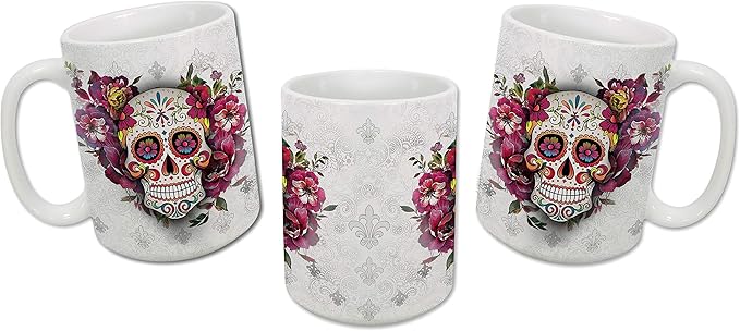 Sweet Gisele Sugar Skull Ceramic Mug, Floral Print Coffee Cup, Day of the Dead Design, Beautiful Colors, Great Novelty Gifts 15 Fl Oz White