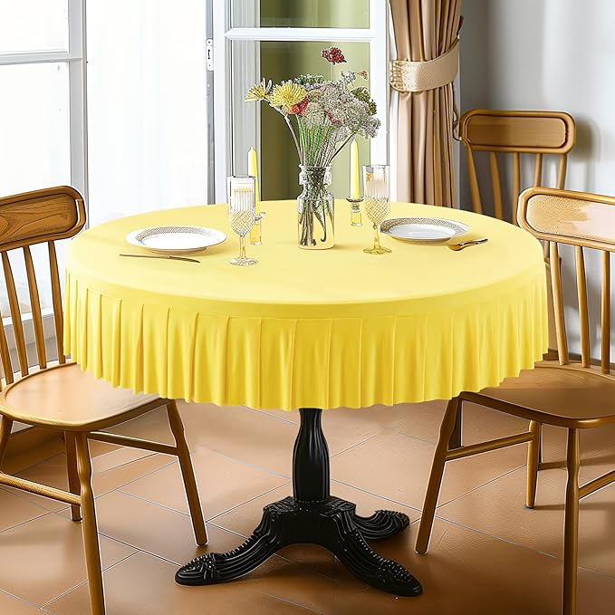 6 Pack Yellow Spandex Round Tablecloths for 60 inch Tables, Stretchy Fitted 5FT Round Table Cloths with Skirt for Wedding Party Dining Banquet