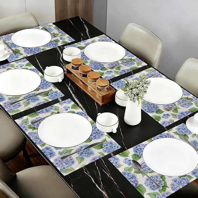 Blue Hydrangea Flower Fabric Placemats,Spring Floral Table Placemats Set of 6 Cloth Place Mats, Washable Heat-Resistant Table Mats for Home Kitchen Dining Room Decoration 11.8x17.7 Inch