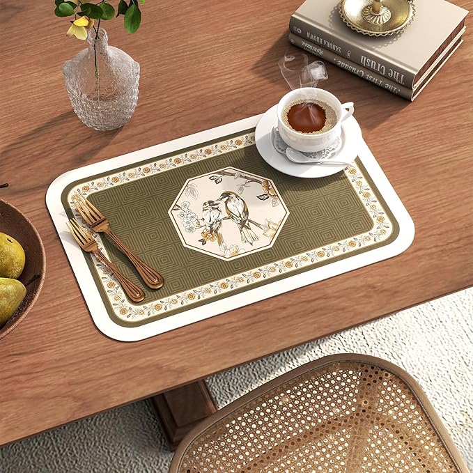 ISAENNE PVC Placemats Set of 6,Rectangular Flower and Bird Print Placemats, Waterproof and Heat-Resistant Place Mats,Decoration for Kitchen, Dining, Parties, Holiday,12"*17"