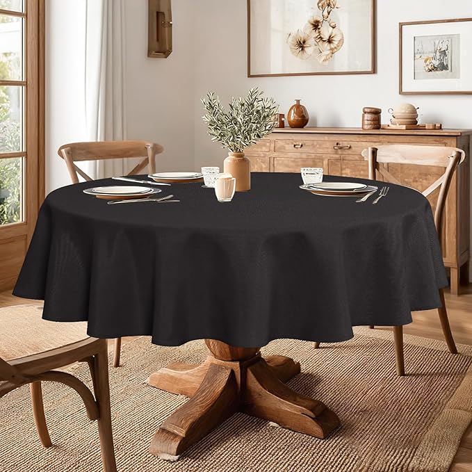 JIUZHEN Faux Linen Round Tablecloths 102 inch, Decorative Wrinkle Free Texture Rustic Circle Table Cloth Cover for Kitchen, Dining, Party, Wedding, Outdoor Use (102 Inch Round,Black)