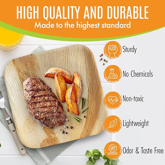 Raj Eco Compostable Palm Leaf Plates Like Bamboo Plates Disposable - 8 Inch Square 200 Plate, Natural wooden, Eco-Friendly, Fancy Biodegradable & Disposable Dessert Appetizer Wedding Plate