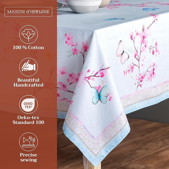 Maison d' Hermine Table Cloth Rectangle Table 100% Cotton 60 x 108 Inches Tablecloth Reusable Decorative for Dining Room Farmhouse Home Valentines Day Decorations Spring Summer - Blossoms in Spring