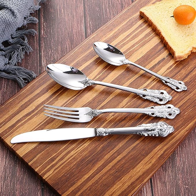 Silverware Set 18/10 Stainless Steel Flatware Sets Palace Style 48 Piece Delicate Cutlery Set for 12 Durable Home Kitchen Wedding Tableware Utensil Include Knifes Teaspoons Forks and Spoons