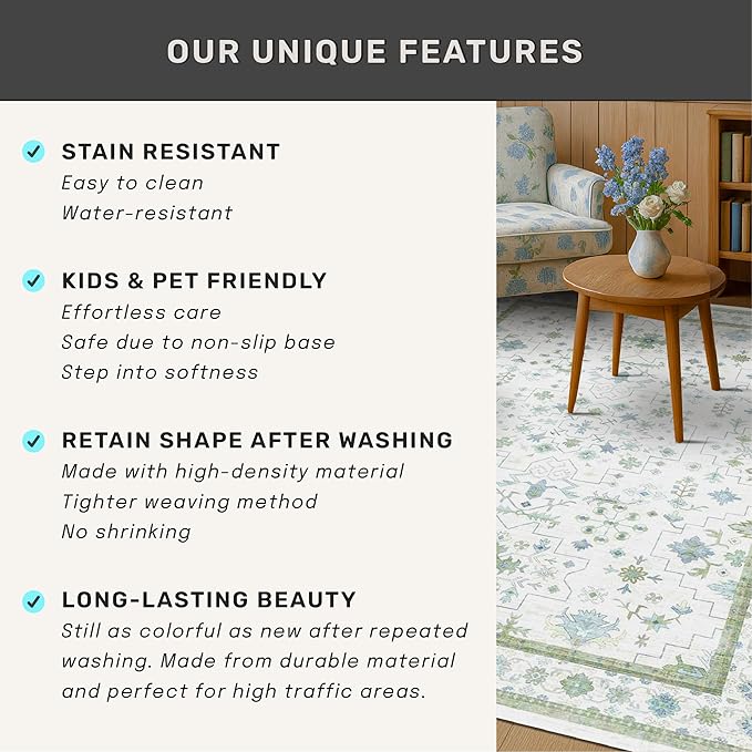 Blue and Green Living Room Rug 8x10 - Cream Oushak Vintage Boho Floral Farmhouse, Washable Low Pile Non-Slip Extra Large Area Rugs for Bedroom, Girls, Boys, Playroom, Lounge