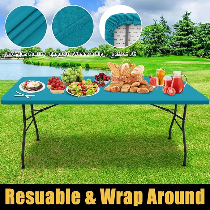 Smiry Rectangle Picnic Table Cloth, Waterproof Elastic Fitted Tablecloths for 6 Foot Tables, Washable Polyester Table Cover for Camping, Indoor and Outdoor (Teal, 36"x72")