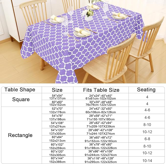 Smiry Rectangle Table Cloth, Waterproof Vinyl Tablecloth with Flannel Backing for Rectangle Tables, Wipeable Spillproof Plastic Tablecloths for Dining, Camping and Indoor (60"x102", Lavender)