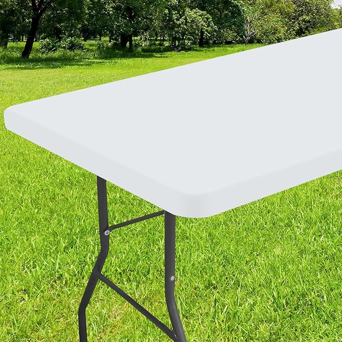 Smiry Rectangle Tablecloth, Elastic Fitted Flannel Backed Vinyl Tablecloths for 8ft Folding Tables, Waterproof Wipeable Table Covers for Indoor, Outdoor, Picnic and Camping (White, 30"x96")