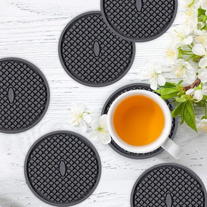 ME.FAN Silicone Coasters [6 Pack] Thickened Drink Coasters with Holder - Cup Mat - Non-Slip, Non-stick, Stay Put, Deep Tray - Prevents Furniture and Tabletop Damages(Gray)