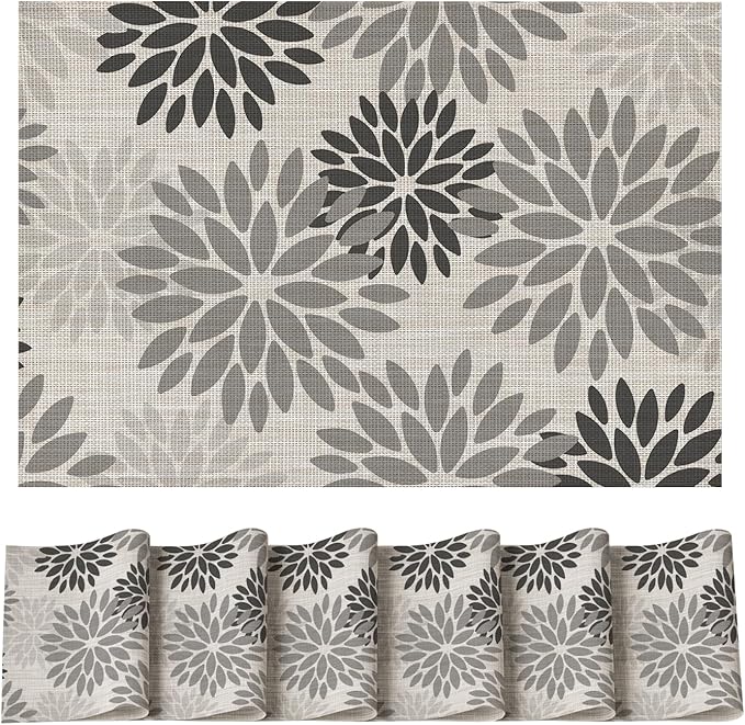 Artoid Mode Floral Vinyl Placemats Set of 6, Heat Resistant Washable Non-Slip Plistic PVC Place Mats for Halloween Party Kitchen Dining Decor, Gray
