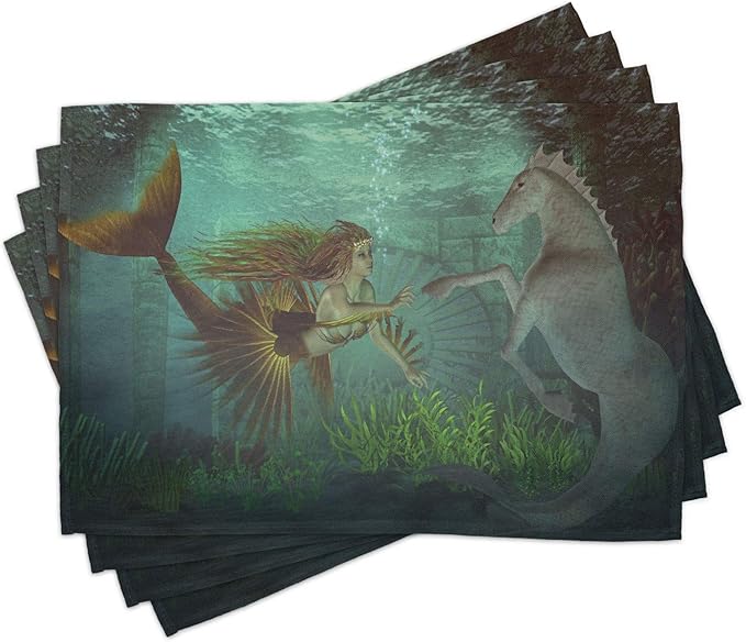 Ambesonne Mermaid Place Mats Set of 4, Mermaid Meets Seahorse Underwater World Fantasy Design, Washable Fabric Placemats for Dining Table, Standard Size, Green Aqua