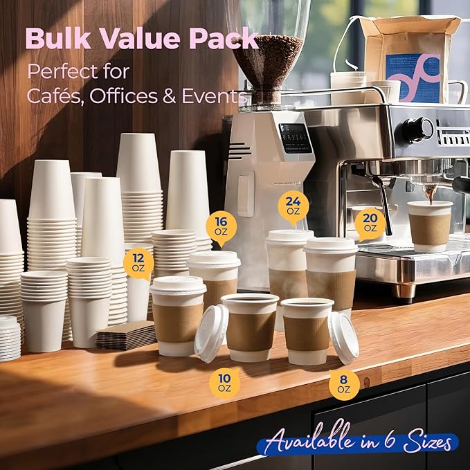 Fit Meal Prep 50 Pack 16 oz Disposable Coffee Cups with Lids, Sleeves, Leak-Proof To Go Coffee Cups with Lids, Durable Hot Paper Cups for Home, Office, Party, Business