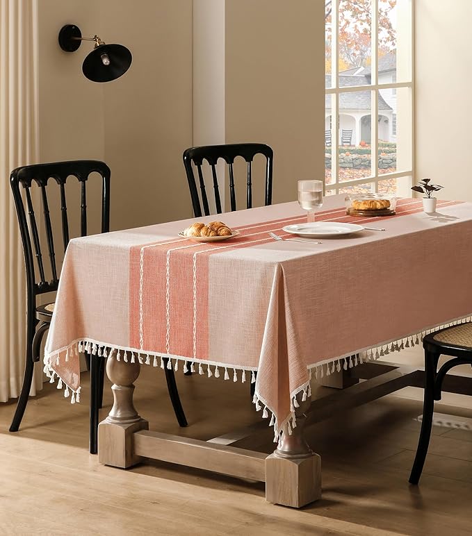 ZeeMart Contrast Linen Table Cloth Rectangle Table Cloths 60x104 Inch Orange, Farmhouse Style Heavy Weight Burnt Orange Fall Tablecloth, Water Resistant Burlap Tablecloths